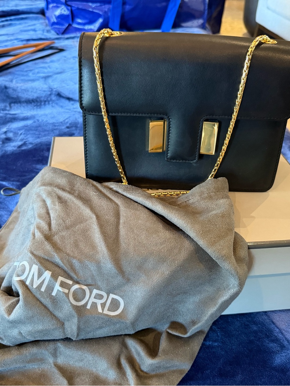Tom Ford Black Leather Shoulder Bag with Gold Chain and Hardware